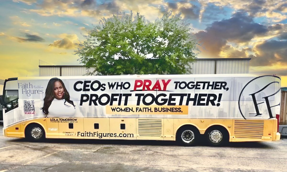 Bus Wrap Inc. full bus wrap for FaithFigures Lola tour across the Midwest United States with bold branded visuals