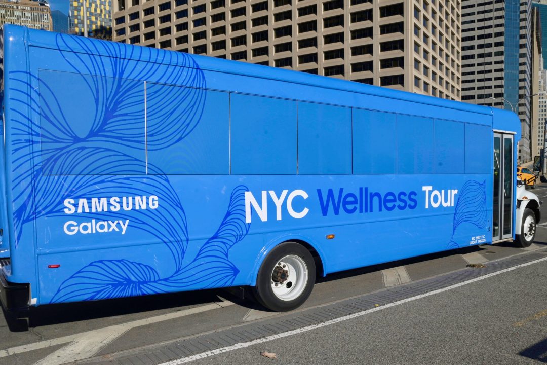 Bus Wrap Inc. mini bus wrap for Samsung Galaxy Wellness Tour in New York City, NY with clean branded graphics
