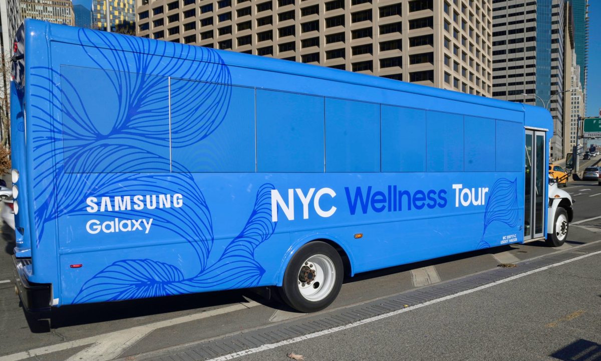 Bus Wrap Inc. mini bus wrap for Samsung Galaxy Wellness Tour in New York City, NY with clean branded graphics
