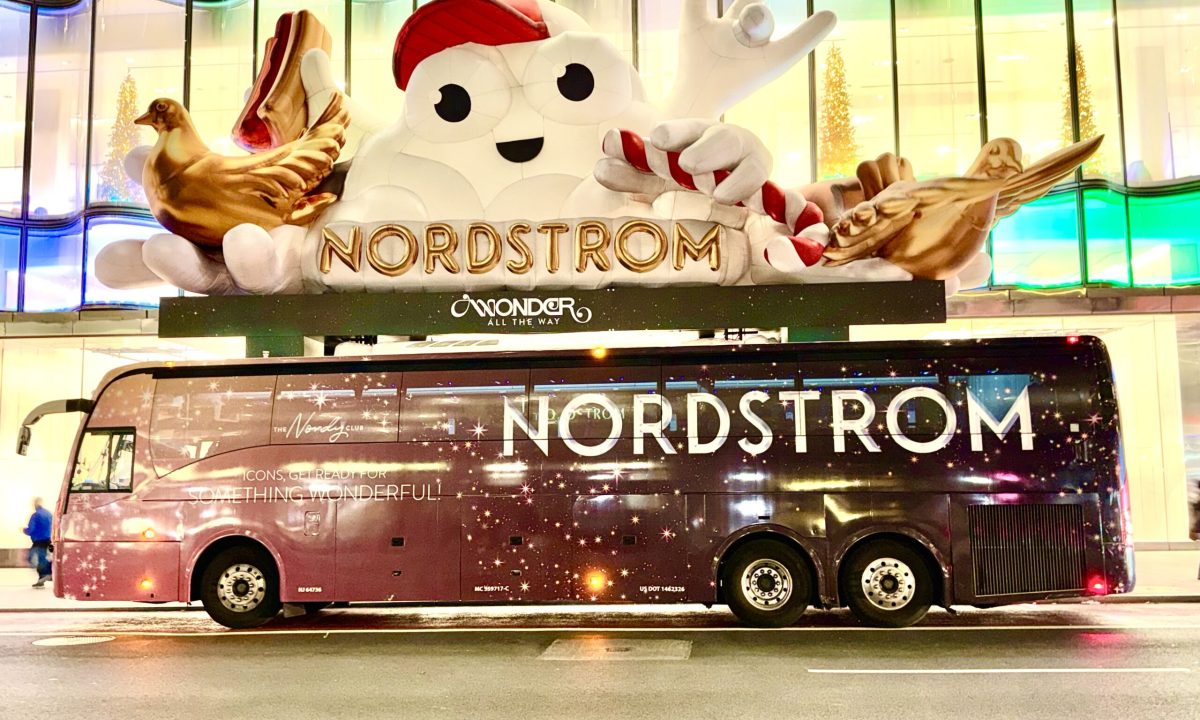 Bus Wrap Inc. full bus wrap for Nordstrom holiday campaign in New York City with premium branded graphics