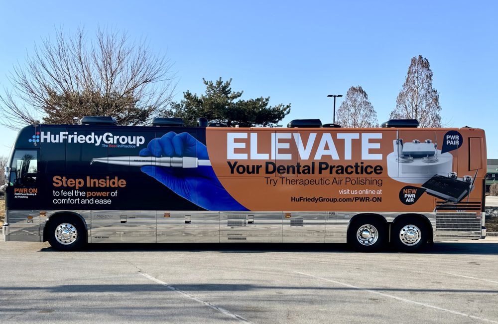 Bus Wrap Inc. full entertainer bus wrap for HuFriedyGroup Mobile Dental Office in Chicago with clean professional branding