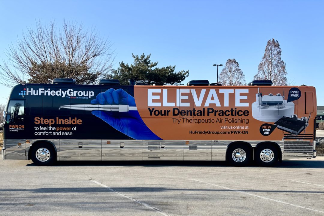 Bus Wrap Inc. full entertainer bus wrap for HuFriedyGroup Mobile Dental Office in Chicago with clean professional branding