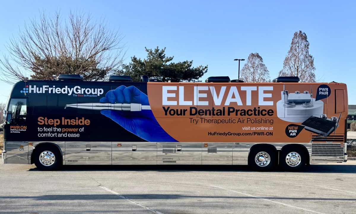 Bus Wrap Inc. full entertainer bus wrap for HuFriedyGroup Mobile Dental Office in Chicago with clean professional branding