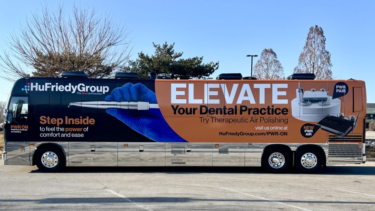 Bus Wrap Inc. full entertainer bus wrap for HuFriedyGroup Mobile Dental Office in Chicago with clean professional branding