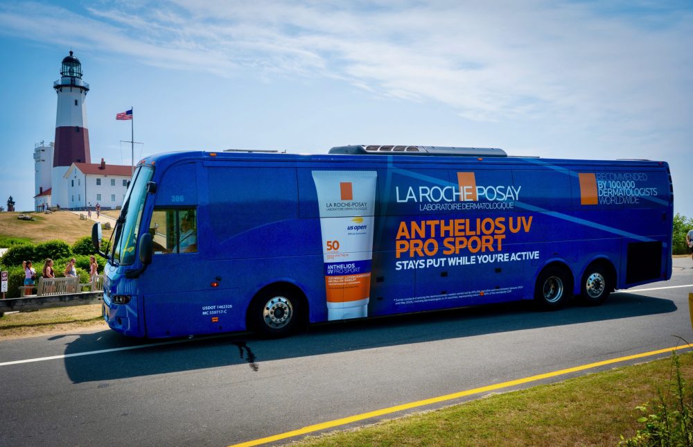Bus Wrap Inc. full coach wrap for La Roche-Posay Anthelios launch in Montauk, NY with clean premium branding