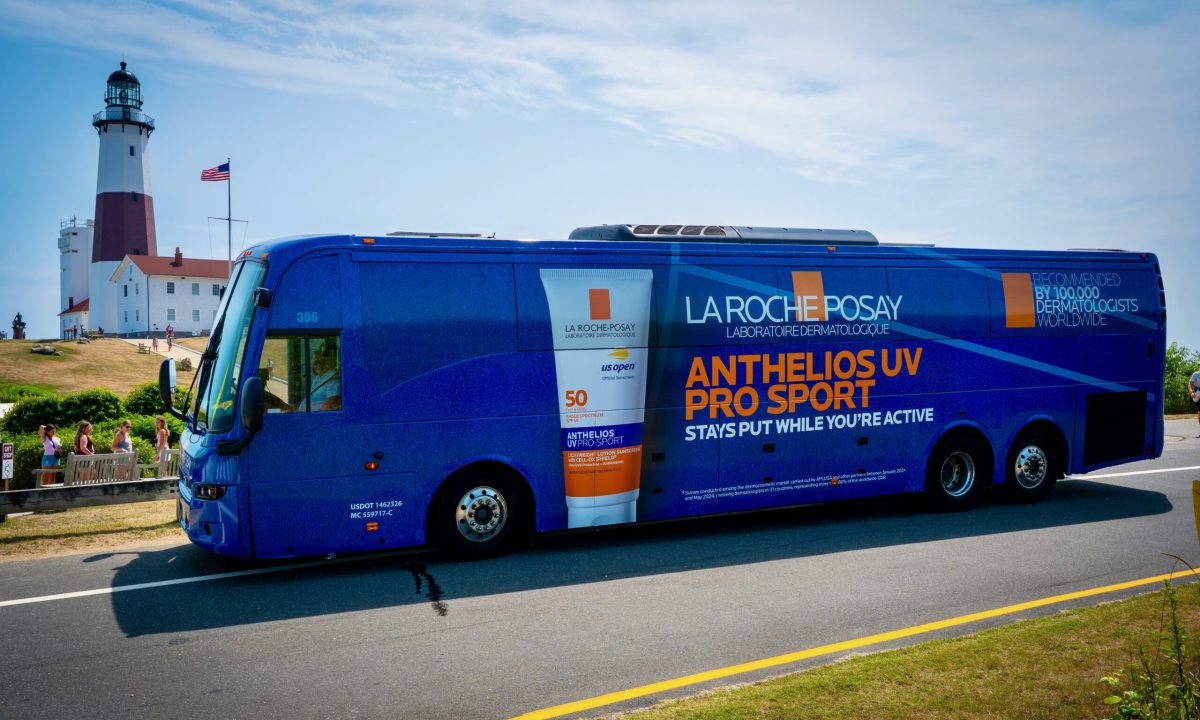 Bus Wrap Inc. full coach wrap for La Roche-Posay Anthelios launch in Montauk, NY with clean premium branding