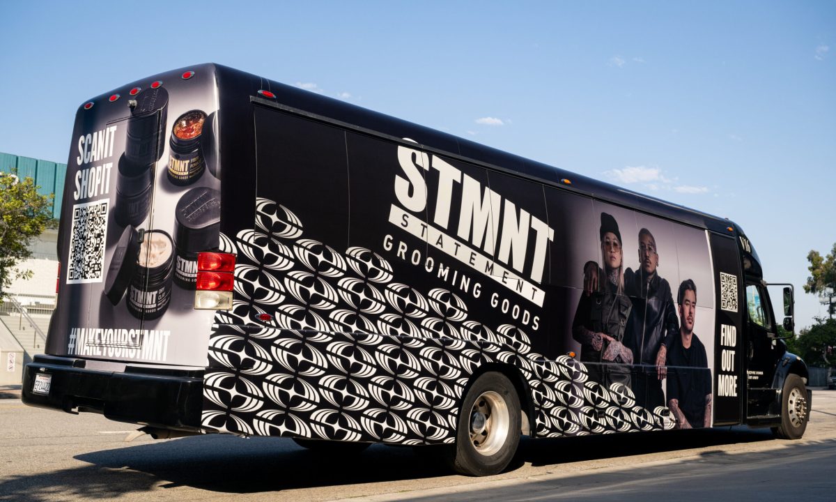 Bus Wrap Inc. mini bus wrap for STMNT Grooming Goods summer 2025 tour in Los Angeles, CA with bold branding