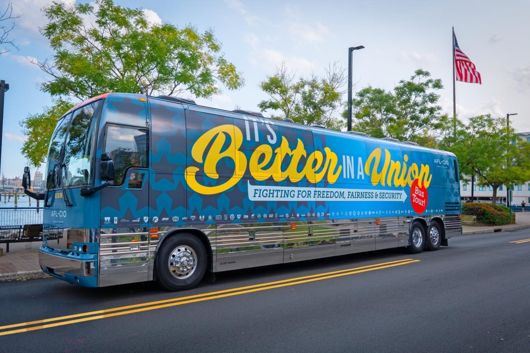Bus Wrap Inc. entertainer bus wrap for AFL-CIO union tour across East and West Coast with strong branded messaging