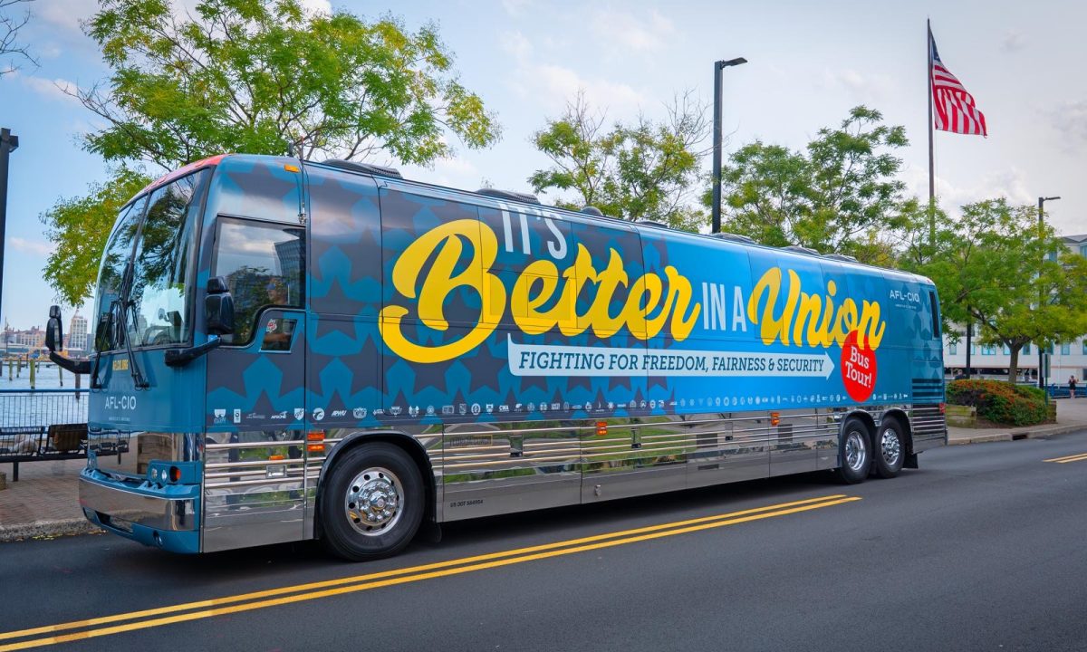 Bus Wrap Inc. entertainer bus wrap for AFL-CIO union tour across East and West Coast with strong branded messaging