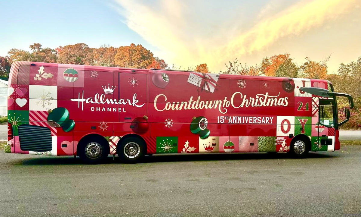 Bus Wrap Inc. full coach wrap for Hallmark Countdown to Christmas in New York City, NY with festive branded graphics