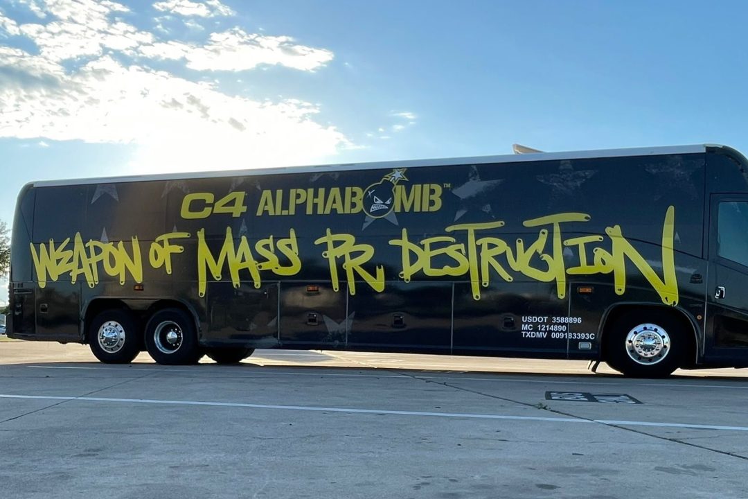 Bus Wrap Inc. full coach wrap for C4 Energy Nutrabolt event in Texas with high-impact branded graphics