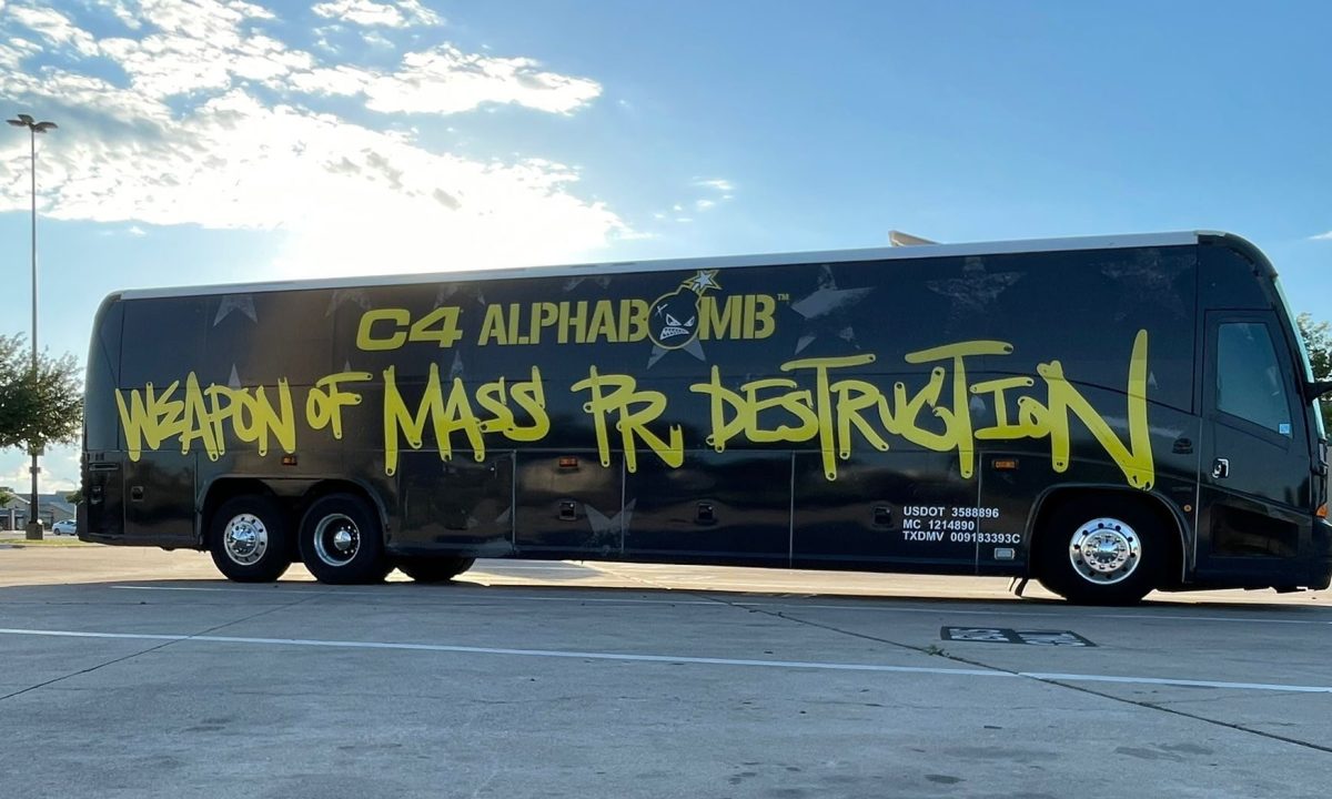 Bus Wrap Inc. full coach wrap for C4 Energy Nutrabolt event in Texas with high-impact branded graphics