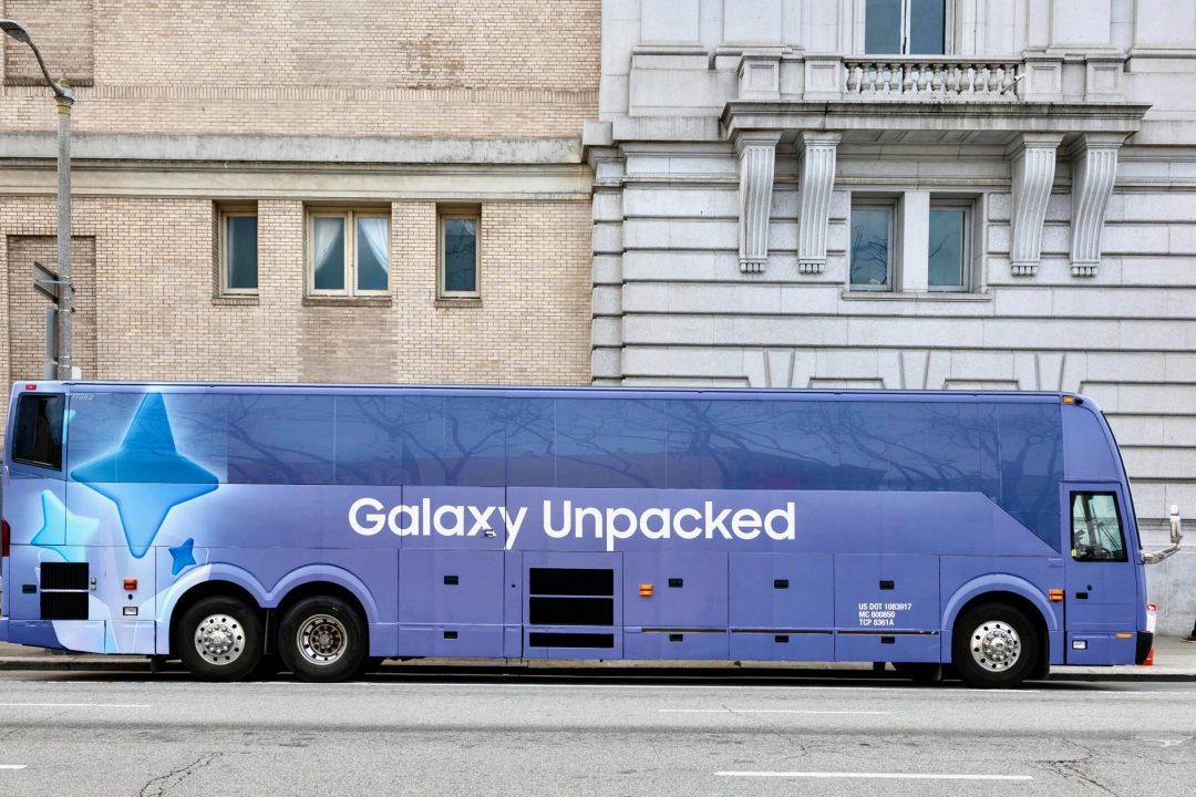Bus Wrap Inc. full motorcoach wrap for Samsung Galaxy Unpacked in San Francisco with sleek branded graphics